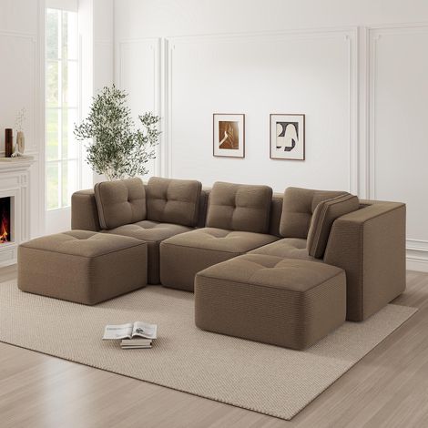 Canapé d'angle modulable sans structure, avec pouf, idéal pour le salon, canapé trois places en velours côtelé avec assise profonde, livré monté, marron