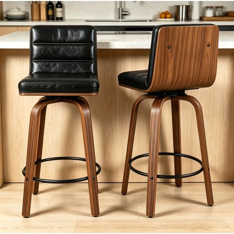 Sgabello da bar girevole in PU nero, gambe in legno curvato e poggiapiedi DESVIAE