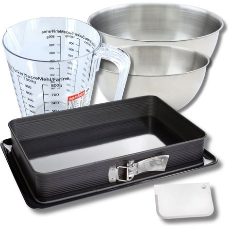 Set pâtisserie avec moule rectangulaire de 42 x 29 cm en acier émaillé, 2 bols à mixer, verre mesureur et spatule Zenker (1/5)