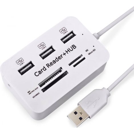 Lecteur de cartes mémoire USB 2.0 + hub USB (haute vitesse) blanc