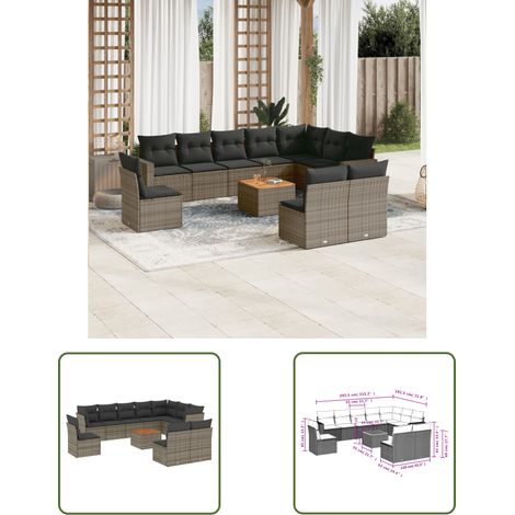 The Living Store 11-tlg. Garten-Sofagarnitur mit Kissen Grau Poly Rattan - Gartensorte - Gartenmöbel Set - PE-Rattan Möbel - Outdoor Lounge - Esstisch