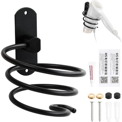 1 Support Seche Cheveux Mural, Forme Spirale, Aluminium Noir, Avec Colle Et Vis, Pour Salle De Bain (1/5)