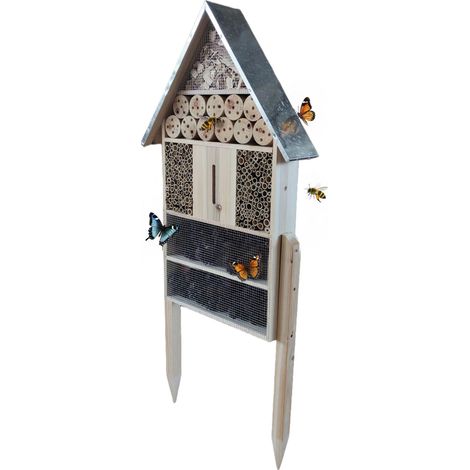 Hôtel à insectes Relaxdays, avec pied, bois, toit galvanisé, HxLxP 119x50x12 cm, naturel/argent