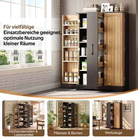 Armoire de cuisine noire avec étagère à épices, meuble double porte spacieux, tiroir vertical 4 niveaux, tablettes réglables, design moderne – 150 x 78 x 40 cm (1/5)