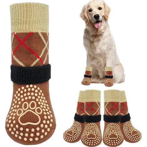 Lot de 4 paires de chaussettes antidérapantes pour chien, imperméables et résistantes à l'eau, avec sangle ajustable et silicone double face. Taille L. (1/5)