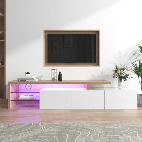 mobile tv 197,5 cm LED vetro bianco legno naturale HAVRYA (1/5)
