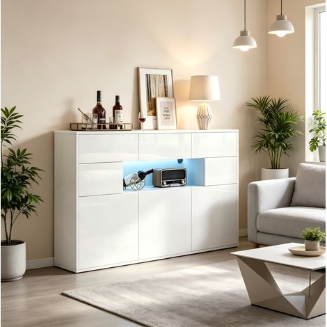 Aparador de salón (140x30x82 cm), con 3 cajones y 5 armarios, iluminación LED con control por app, MDF y metal blanco (1/5)