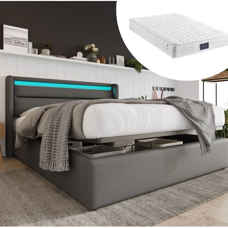 Bett Doppelbett Stauraum 160x200 LED PU Grau OKMYHOME