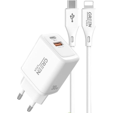 Chargeur rapide PD+QC3.0 30 W - 3,0 A max - Kit complet avec câble USB-C vers Lightning (1/2)