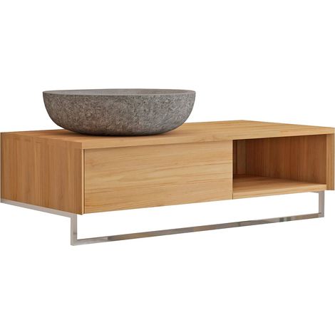 Mobile bagno sospeso in teak con portasciugamani e lavabo da appoggio grigio in pietra 105 cm - KUPANG