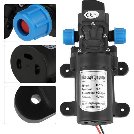 12 V DC, 45 W Mikromembran-Wasserpumpe, selbstansaugend, geräuscharm, 4 l/min Fördermenge, schwarz (1/5)