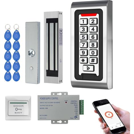 Système de Contrôle d'Accès WiFi RFID avec Clavier à Code Métal IP68, Alimentation 12V 3A, Serrure Électromagnétique 180kg (400lbs) Finition Brossée, Bouton de Sortie + 10 Badges EM 125kHz (1/5)