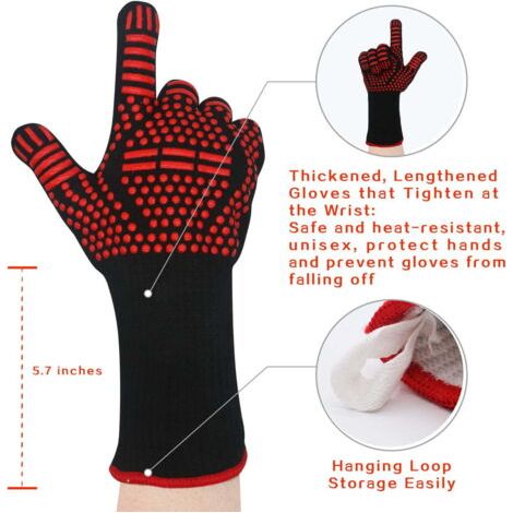 Gants de barbecue résistants à la chaleur jusqu'à 800 °C, gants de barbecue ignifugés, gants de four en silicone antidérapants, adaptés pour griller, cuire au four, rôtir la viande et souder. (1/4)
