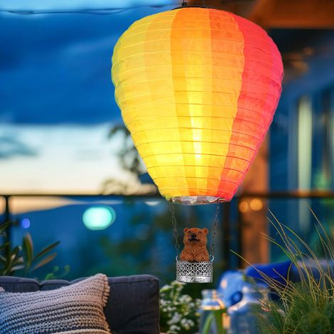 Gartendeko LED Solarlampe Heißluftballon Flammeneffekt Bär Terrassenlampe Außenlampe, Metall mehrfarbig, warmweiß, DxH 27x44 cm