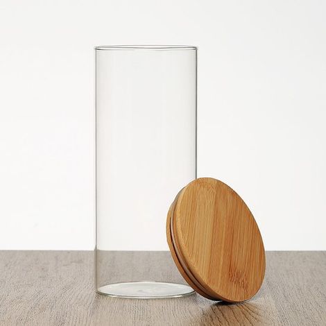 Bocaux de conservation en verre avec couvercles hermétiques en bambou et en bois pour conserver des aliments tels que le café, le thé, le sucre, les bonbons, les biscuits, etc. (1/4)