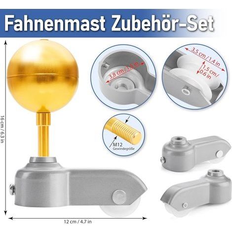 Fahnenmast-Set, Fahnenreparaturset, Fahnenteile, Fahnenmast-Zubehörset, Gartenfahnenmast, Goldkugelklemme, Fahnenmast-Befestigungsclip, Gartenseil, Seilrolle (1/4)