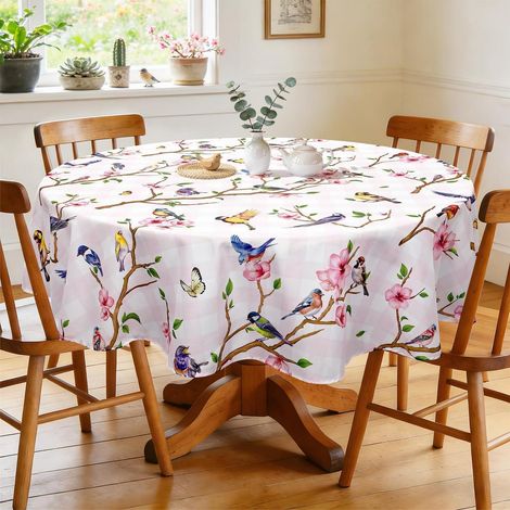 Nappe ronde Ø 180cm avec motif oiseau-fleur, lavable, polyester