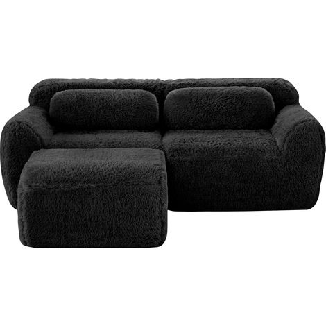 Divano Modulare 2 Posti in Tessuto Scamosciato con Sgabello, Base Antiscivolo, Senza Montaggio, Seduta Larga, Nero (1/5)