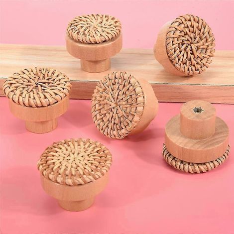 Boutons de commode bohèmes en rotin, boutons de tiroir ronds en bois tressé à la main et vis pour meubles bohèmes DS (1/5)