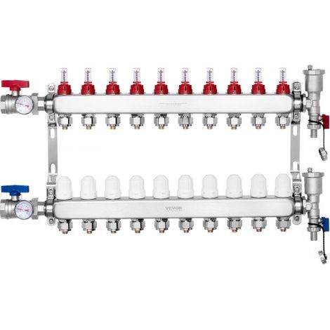 10-Zweig-Wärmeverteilungsverteiler, 1/2-Zoll-PEX-Rohrverteiler, Edelstahl-PEX-Verteiler für hydronische Fußbodenheizung, Wärmeverteilungs-PEX-Verteilersatz mit 1/2-Zoll-Adaptern im Lieferumfang enthal (1/5)