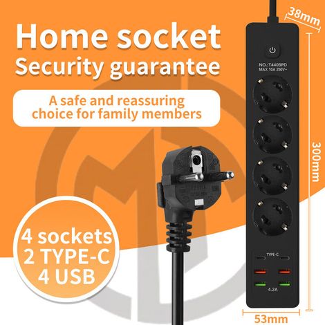 Multiprise Convertisseur EU 10A/250V – Idéal Bureau & Voyages,Cordon d'alimentation T4403PD-2 mètres [Noir] (1/5)