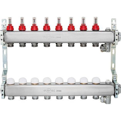 Collecteur de chauffage ATT2, DN32 - 11/4 inox, 10 circuits de chauffage, avec débitmètre