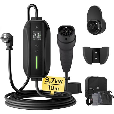 Type 2 Electric Car Charger 3.7kW 10m with LCD Display IP66, Type 2 Electric Car Charging Cable, Adjustable 6-16A, Delayed Charge 0.5-8h, RCD Type A 30mA AC + 6mA DC (1/5)