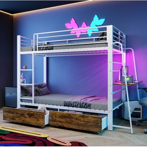 Litera 90x200 cm de MDF y metal blanco con escritorio, ahorro de espacio – MEUBLIV (1/5)