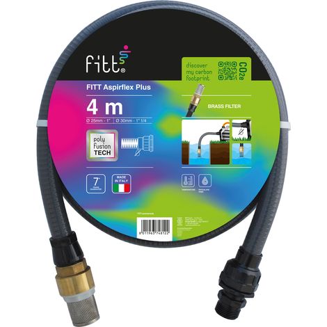 Fitt – Tuyau d'aspiration d'eau 4 m – Raccordement universel pour pompes de drainage – Clapet anti-retour en laiton – Résistant aux chocs et aux températures de -10°C à +60°C