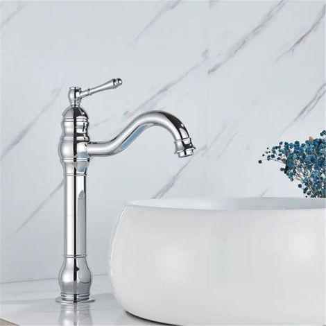 Robinet de lavabo monté sur le pont en cuivre antique à poignée unique pour salle de bain, robinet mitigeur à long bec pour évier, robinet d'évier haut de gamme, galvanoplastie de style haut (1/4)