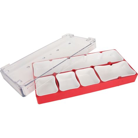 Boîte de rangement empilable pour pièces de montre, 5 compartiments, en acrylique et caoutchouc, rouge. Idéale pour les réparations et les travaux manuels. (1/5)