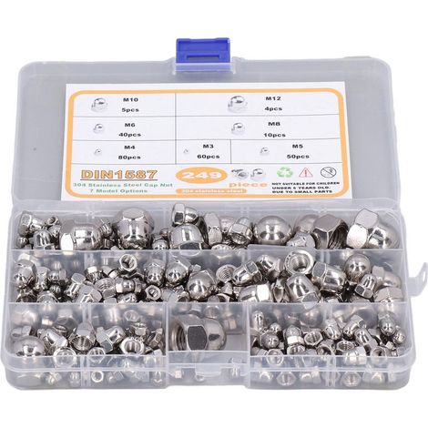 Kit d'assortiment d'écrous à capuchon hexagonaux Acorn 249 pièces M3-M12 DIN1587 304 finition brillante en acier inoxydable (1/5)