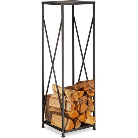 Mensola per camino, porta legna, cestello in acciaio, supporto per legna, HxLxP: 111x34x34 cm, nero