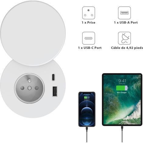 Multipresa da incasso, multipresa da incasso con 1 presa, 1 porta USB-C, 1 porta USB-A, diametro 80 mm, cavo da 1,5 m, multipresa da tavolo per cucina, ufficio, mobili, bianco (1/4)