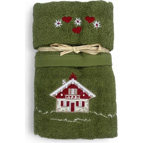 Set Asciugamani Tirolese Casetta Verde - Tirolo - Spugna 100% Cotone - Ricamo Chalet Montagna Made in Italy