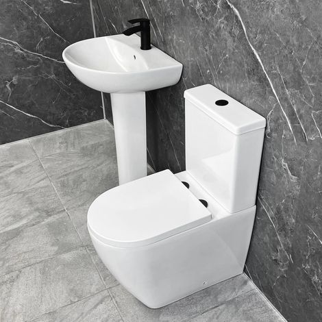 Tornado Flush Toilet & Basin Suite with Black Flush Button & Hinges Open Back, With Tap