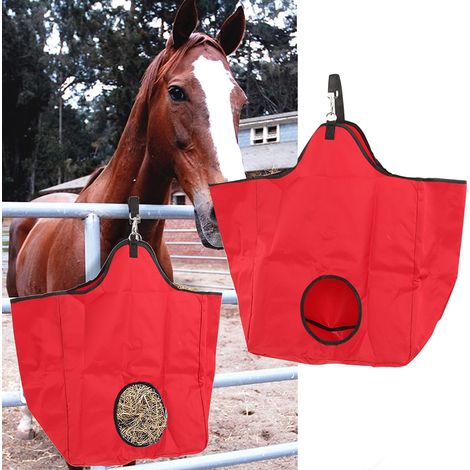 Sac à foin en tissu Oxford pour chevaux, sac de rangement portable pour le foin en extérieur avec anneaux métalliques, rouge. (1/5)