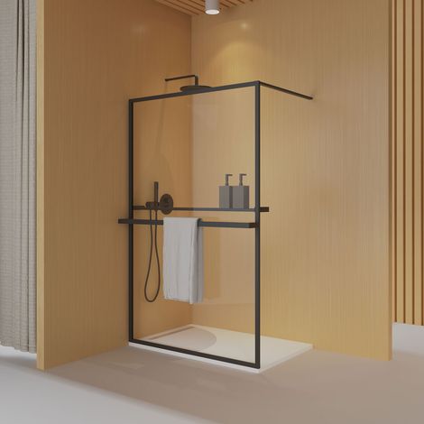 Essebagno – Paroi de douche 120 x 200 cm – Verre trempé 6mm anticalcaire – Noir avec porte serviette et porte savon intégrés (1/5)