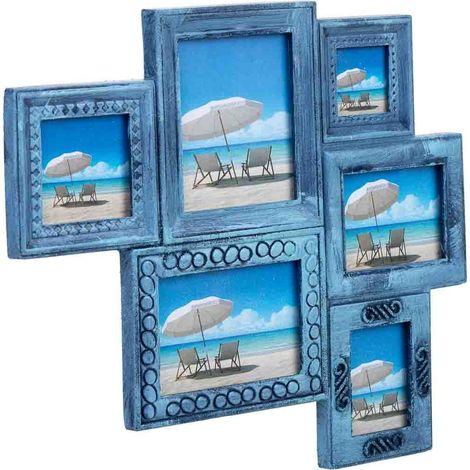 Porta fotos colgante de madera azul 27x1.5x24h cm