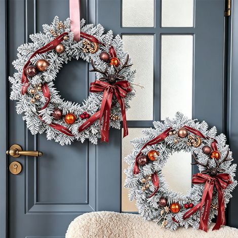 Ornement couronne de Noël sapin givré, motif cerf ruban Merry Christmas, décoration intérieur extérieur abrité, vert givré (1/5)
