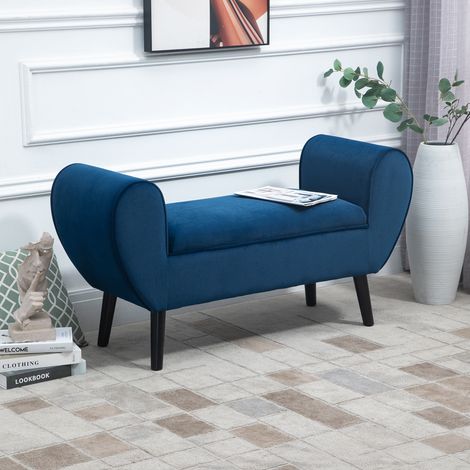 Gepolsterte Aufbewahrungsbank für Schlafzimmer und Eingangsbereich, Bettbank mit Armlehnen aus Samtstoff, 118 x 42 x 66 cm, Blau