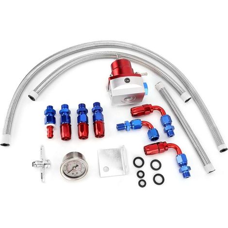 Jeffergarden Kit de régulateur de pression de carburant universel réglable, manomètre d'huile 160 psi, raccord AN 6 (rouge + bleu)-DOU