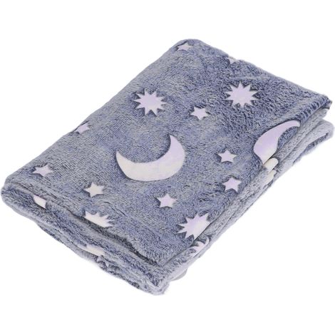 Couverture lumineuse 1,5 x 2 m en flanelle double face, motif étoiles et lune, douce et phosphorescente, pour enfants, bleu poudré (1/5)