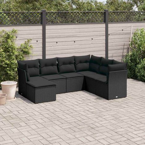 Salon de jardin 7 pièces en résine tressée noire avec coussins blanc crème et rangement - PANGIVO (1/3)