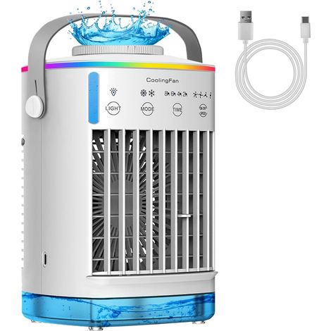Portable 5-in-1 Air Cooler Fan,Dual Ice Mist Cooling,7-Color Light,12H Timer,Ultra-Quiet Mini AC for Home Office Desk Bedroom,USB Cable (1/5)