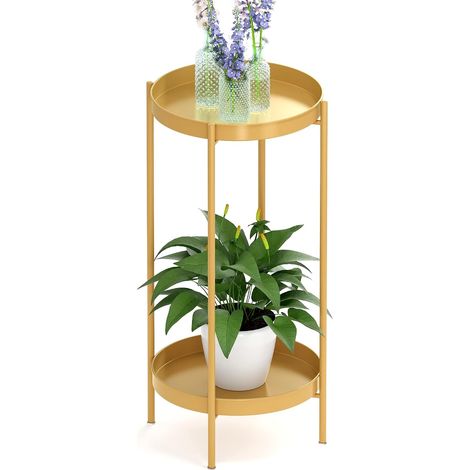 Support pour plantes d'intérieur et d'extérieur – Support de pot de fleurs en métal à 2 niveaux pour la maison, le jardin, la terrasse, la salle de bain, le bureau, le salon, le balcon (doré) (1/5)