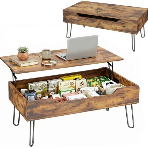 Table basse avec plateau avec plateau relevable pliable 95 x 50 x 40 cm rustique pour salon relevable, compartiment caché, pieds acier, marron (1/5)