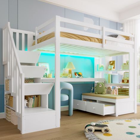 Lit mezzanine enfant 90x200 cm avec bureau, étagères, 2 tiroirs et escalier rangement, pin/MDF blanc (1/5)
