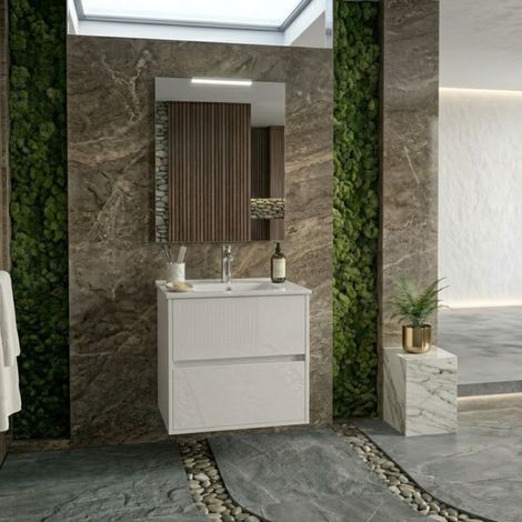 Mobile bagno sospeso 60x45 cm bianco lucido con 2 cassetti e lavabo incluso – Soria