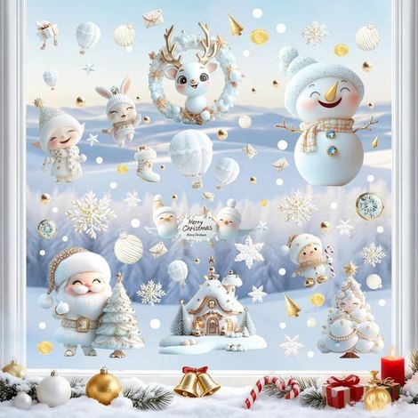 9 Stück wiederverwendbare Weihnachtsaufkleber für Fenster, elektrostatische Weihnachtssticker, PVC-Aquarell-Flocken-Fensterdekoratio (1/5)